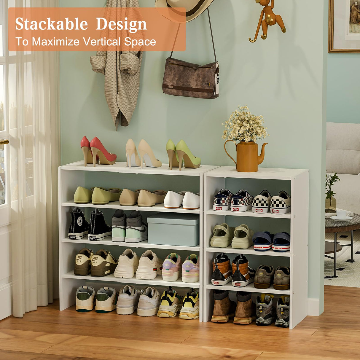 2 Pack White Shoe Rack for Closet, 2-Tier Expandable Small Shoe Shelf, Stackable Iron Wood Combination Shoe Organizer Racks Shelves for Closets, Entryway, Hallway, Garage, Holds 15-24 Pairs Cidaziya