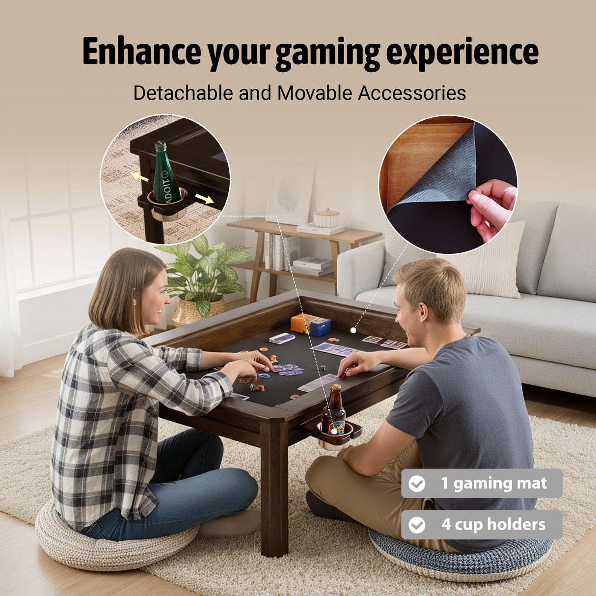 Casaphoria Solid Wood Board Game Coffee Table with Removable Top, Space-Saving 3-in-1 Convertible for Gaming, Dining & Living Room Includes Play Mat & Cup Holders (48” x 33”, Black Walnut) Casaphoria