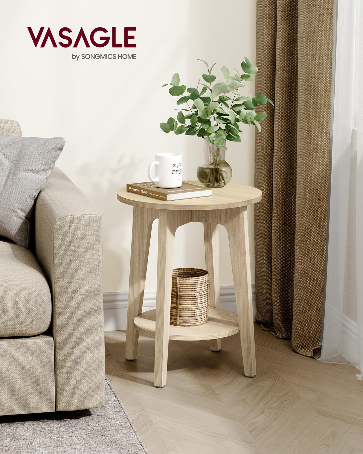 VASAGLE Side Table, Small Round End Table with Lower Shelf, Nightstand for Small Spaces, Living Room, Bedroom, Natural Beige ULET283N01 VASAGLE