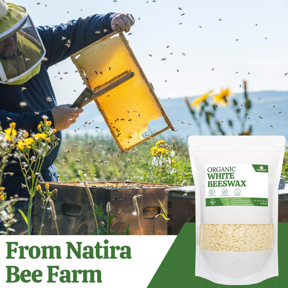 YASNAY White Beeswax Pellets 2LB, 100% Organic Beeswax, Beeswax for Candle Making, Body, Skin Care DIY, Lip Balm and Soap Making Supplies YASNAY