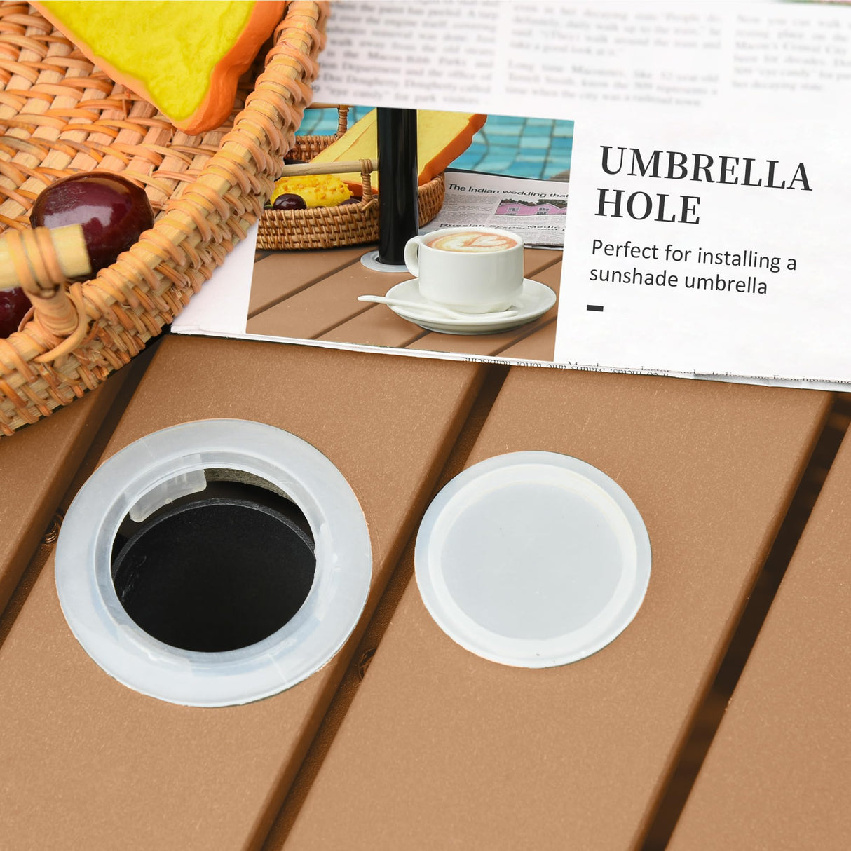 Outsunny 22'' Rattan Wicker Side Table with Steel Frame, Umbrella Insert Hole, Sand Bag for Outdoor, Patio, Garden, Backyard, Brown Outsunny