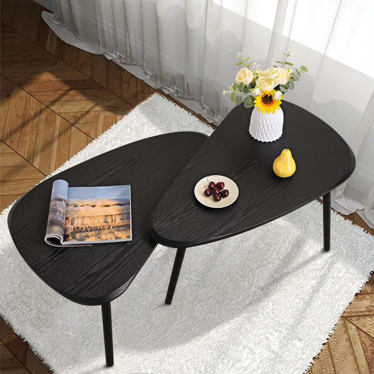 WDSHIYI Black Nesting Coffee Tables Set of 2 End Bamboo Table for Living Room Bedroom Apartment Modern Industrial Simple Nightstand 32" D x 20" W x 18.5" H WDSHIYI