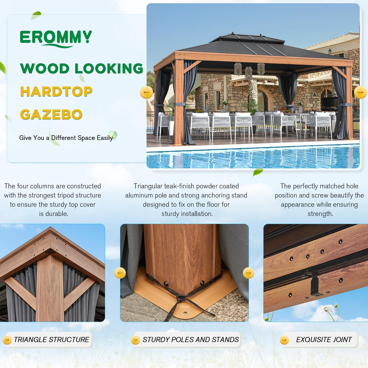 EROMMY 12' x 16' Hardtop Gazebo Outdoor Aluminum Wood Grain Gazebos with Galvanized Steel Roof and Mosquito Net for Patios, Deck, Backyard, Curtains&Netting EROMMY