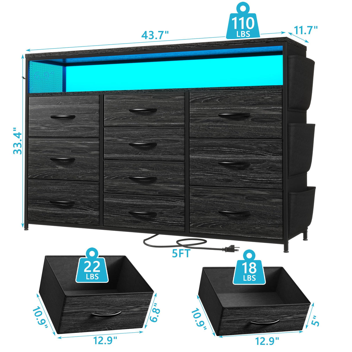 EnHomee 55" Dresser & TV Stand with 10 Fabric Drawers, Wooden Open Shelves, Power Outlets & LED Lights, Multi-Functional Storage Unit for Bedroom, Closet, Black EnHomee