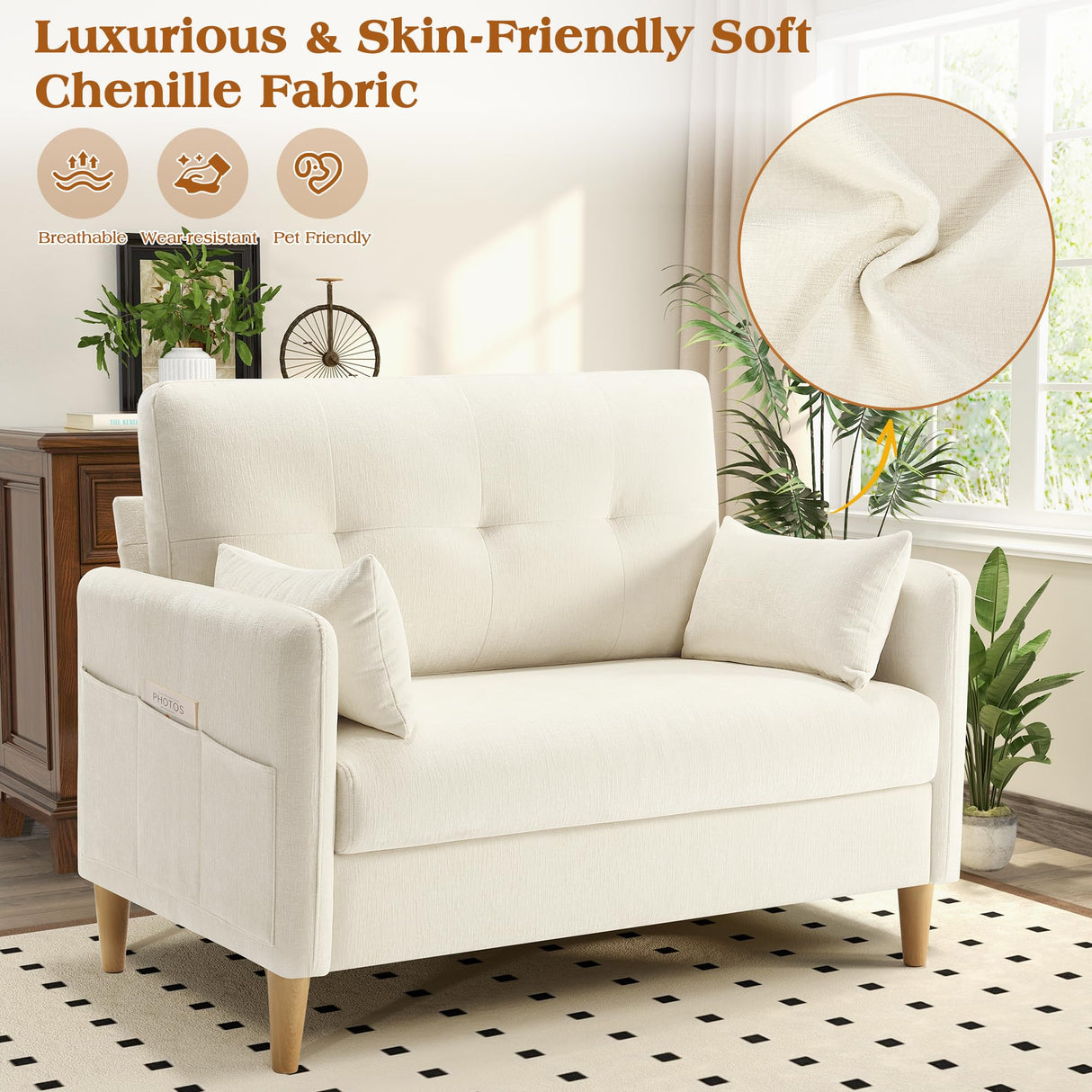 Hanherry Loveseat Sofa, 47” Small Couch for Living Room, Comfy Chenille Fabric Love Seat for Bedroom withThrow Pillow,Removable Cushion Cover,Couches for Small Space,Apartment,Dorm Hanherry