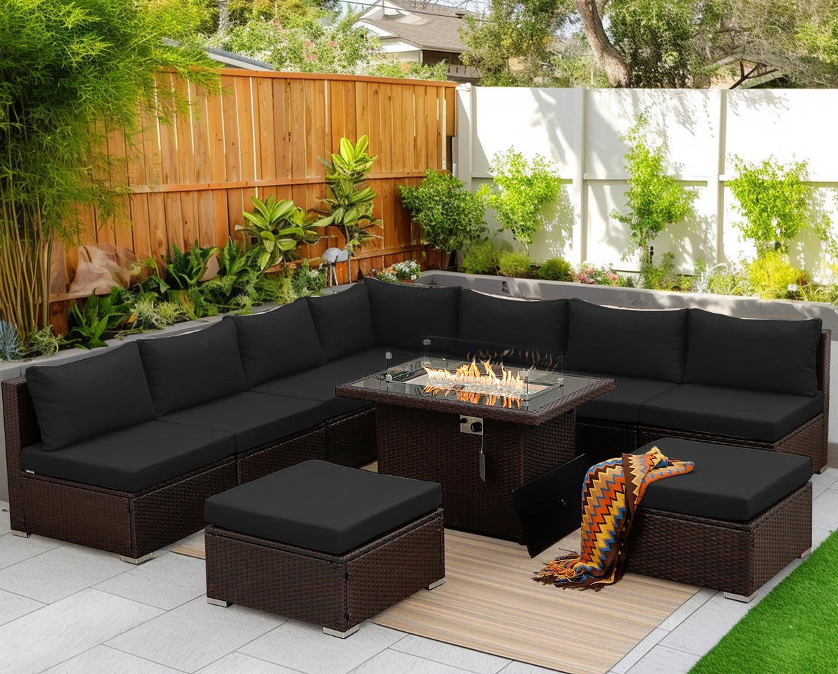 NICESOUL Outdoor Patio Furniture Set with Fire Pit Natural Gas/Propane, 29.3'' High-Back XL Large Conversations for Exteriors, 9-Seater Wide Deep Seating Rattan Sectional Sets, Brown and Black NICESOUL