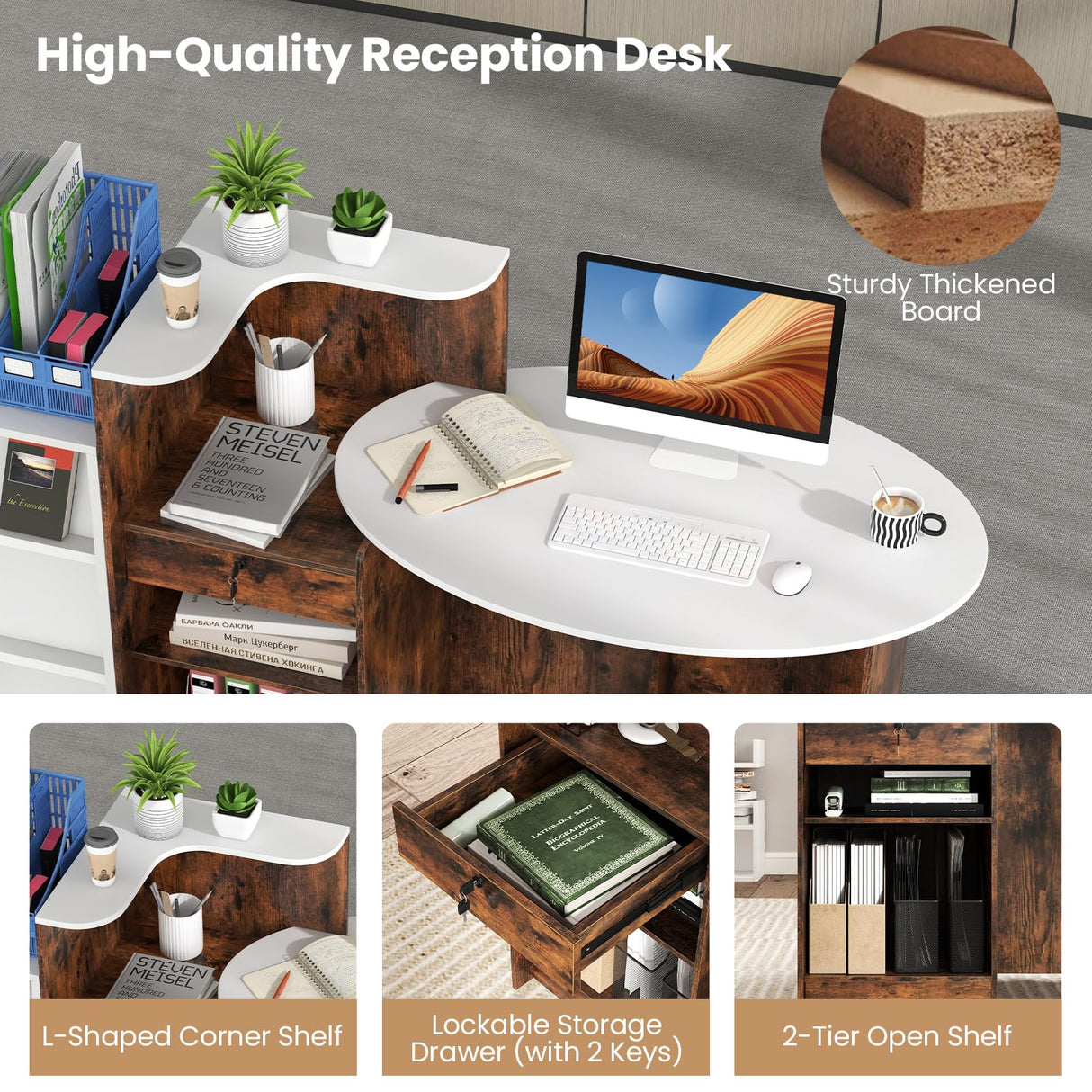 Tangkula Reception Desk, Front Counter Desk with Lockable Drawers, L Shaped Retail Counter with Oval Desktop, Checkout Computer Workstation for Salon Lobby Home Office Tangkula