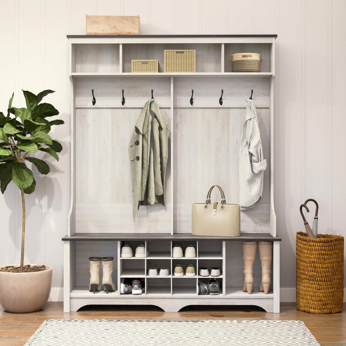 Prepac Farmhouse Washed White Hall Tree, Shoe Cabinet, Storage Cabinet with 12 Shoe Cubbies, 2 Boot Cubbies and 6 Double Coat Hooks 15.5" D x 60" W x 77" H Prepac