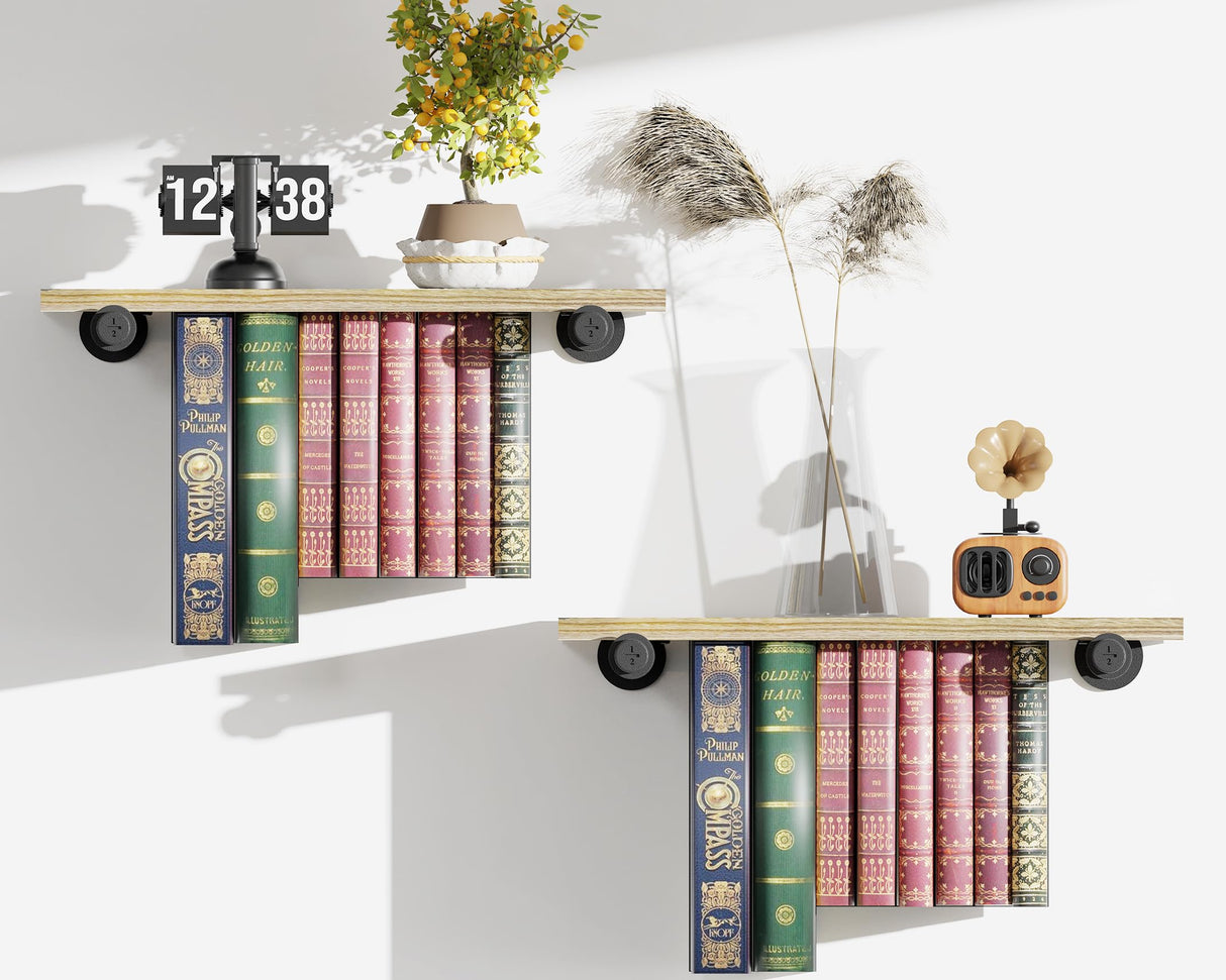 QsQueen Floating Bookshelves, Bookshelf with Industrial Pipe Brackets, Book Display Shelf for Wall, Unique Space-Saving Book Shelf Wall Book Holder, Wood Hanging Bookshelf, Great for Room Decor QsQueen