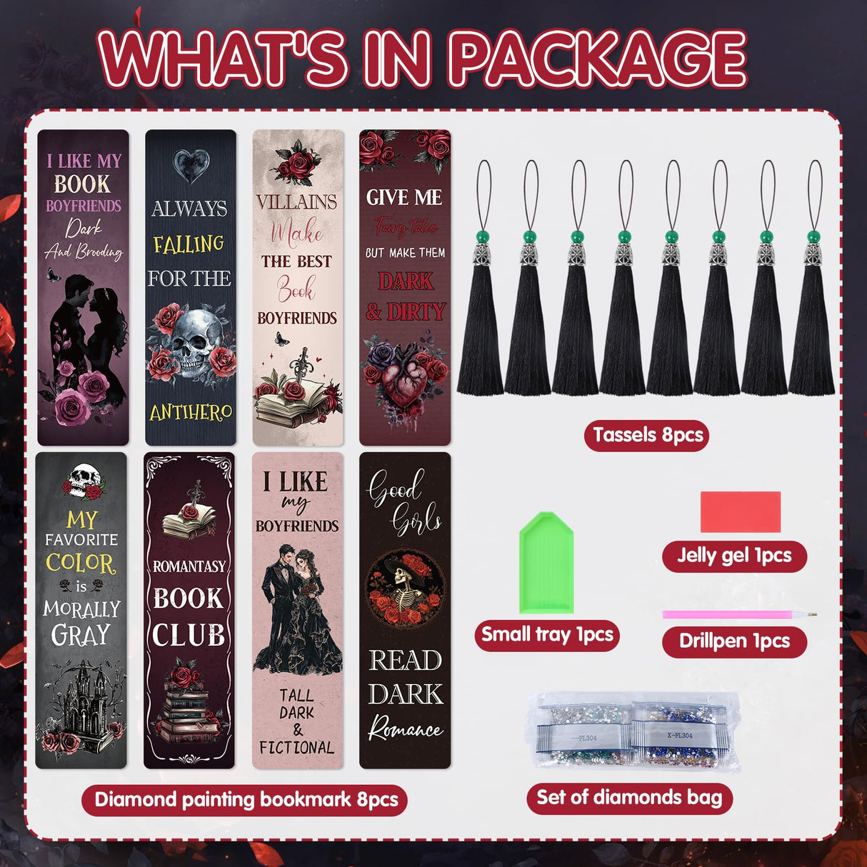 Sitsink Gothic Diamond Art Bookmarks - 8 Pcs Dark Romance Diamond Painting Bookmarks Horror Halloween Christmas Gifts for Women DIY Gem Art Rhinestone Crafts Kit for Women Sitsink