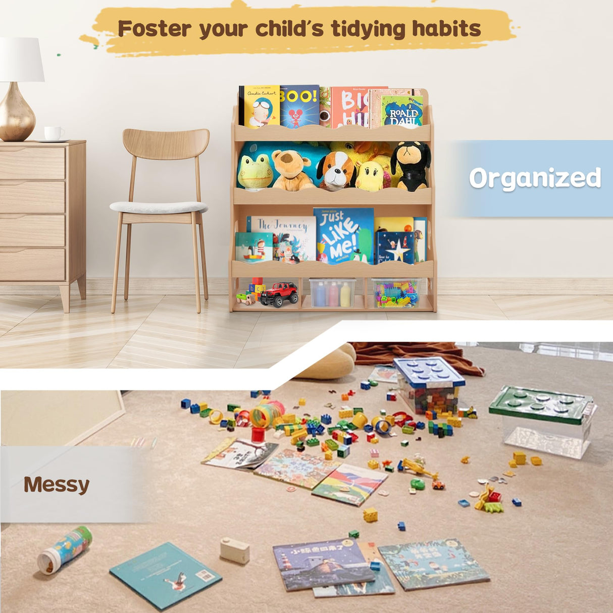 Himold Wooden Kids Bookshelf, Book Shelf for Kids Rooms w/Scalloped Edges, Durable Childrens Bookshelf with 3 Cube Bins for Books & Toys - Toddler Montessori Bookcase Nursery Himold