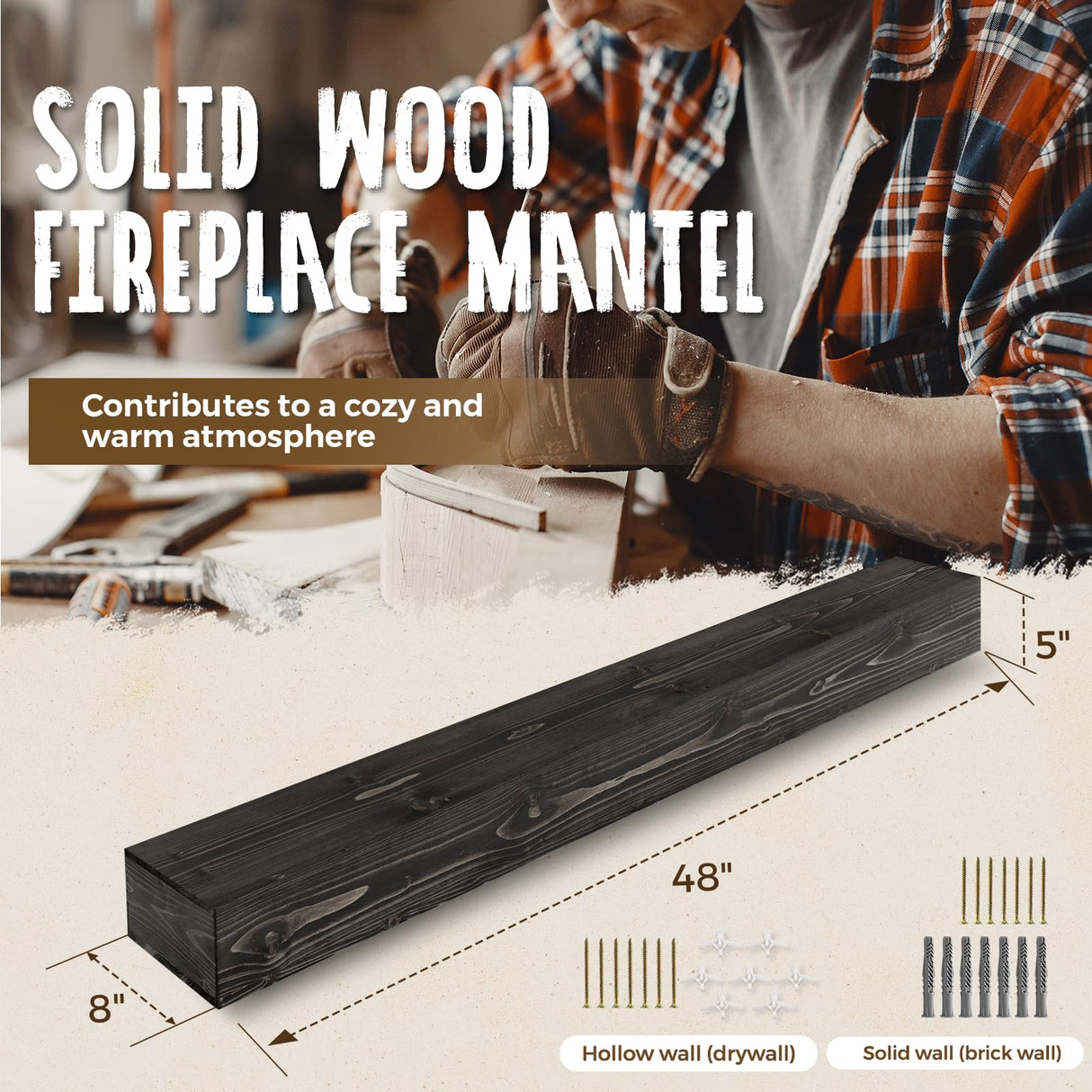 ABSWHLM 48x8x5 Fireplace Mantel - Handcrafted Hollow Rustic Solid Wood Wall Mounted Floating Shelf with Invisible Heavy Duty Wood Bracket (Weathered Black) ABSWHLM