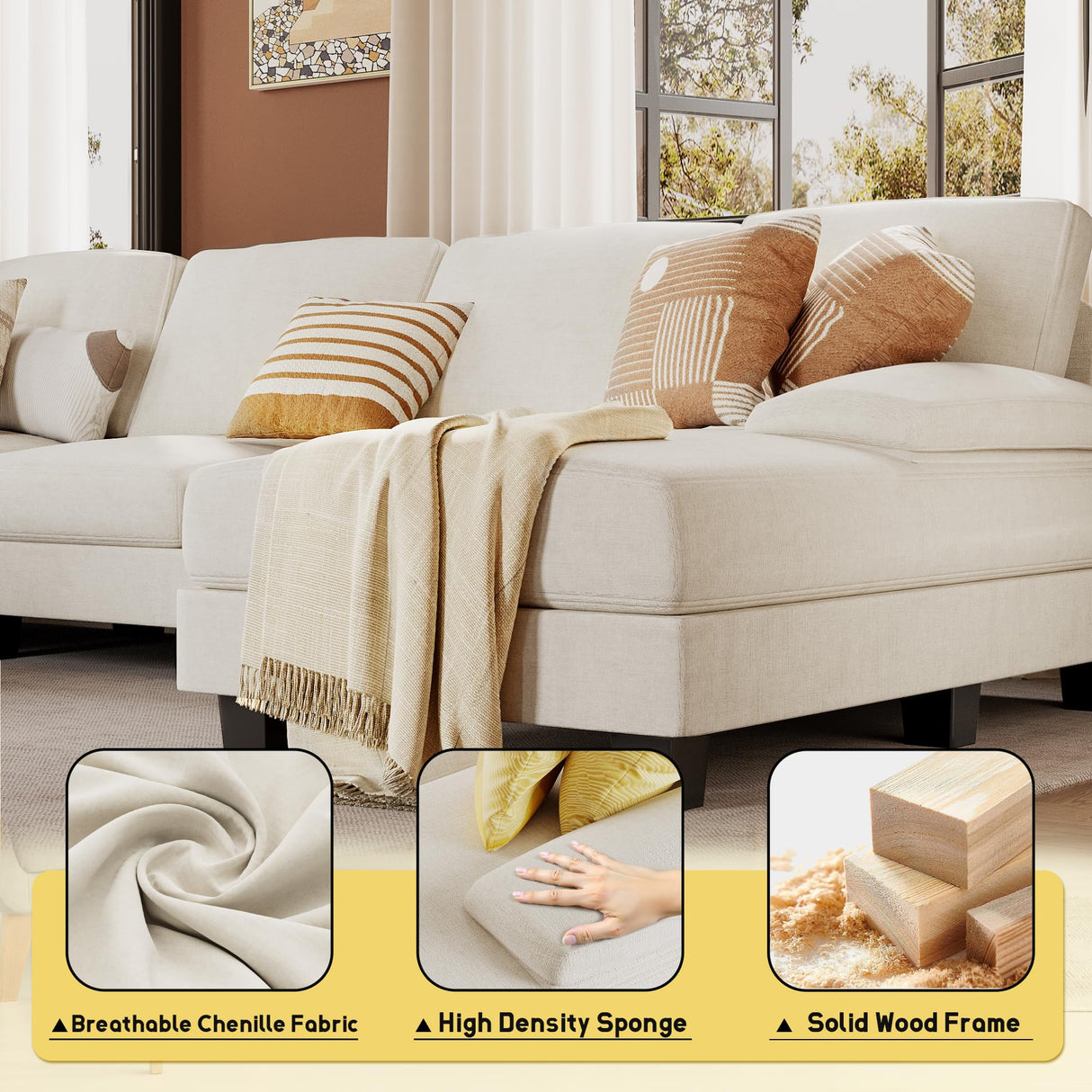 JUMMICO Sectional Couches for Living Room, U Shaped Couch with Chenille Fabric, 4 Seat Modern Sofa with Removable Pillows for Apartment and Small Space (Fabric, White) JUMMICO