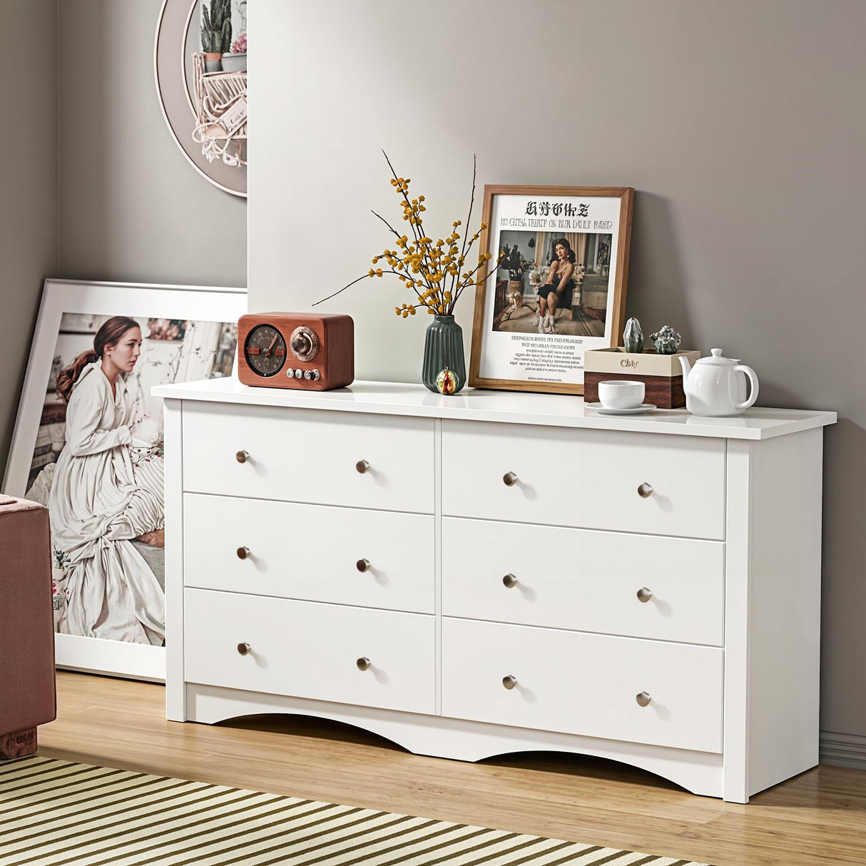 Furniwell 6 Drawer Dresser for Bedroom, Wood Dresser Wide Storage Organizer for Living Room Hallway Closets (White) Furniwell