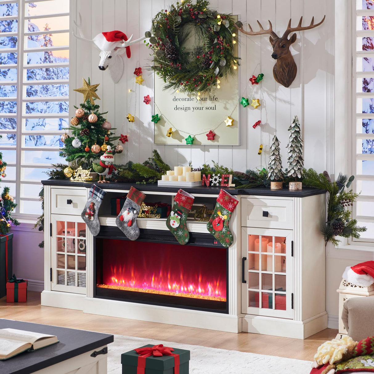 ACCOHOHO Farmhouse Fireplace TV Stand for 80 Inch TV, Entertainment Center w/ 36'' Electric Fireplace & LED Lights, Mordern Media Console with Storage Drawers & Cabinets for Living Room, White ACCOHOHO