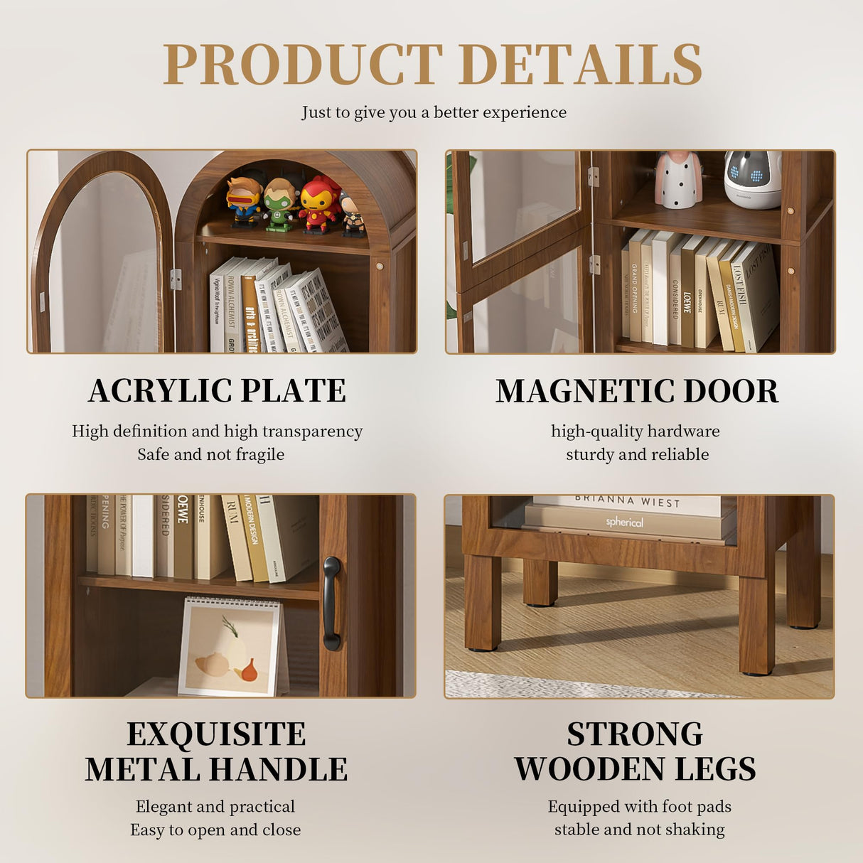 Lxsxlome Narrow Arched Bookcase, 64.17'' Tall Arch Bookshelf with Acrylic Glass Doors, 5 Shelf Bookcase, Freestanding Storage Organizer Display Cabinet for Living Room (Walnut, 64.17''H) Lxsxlome