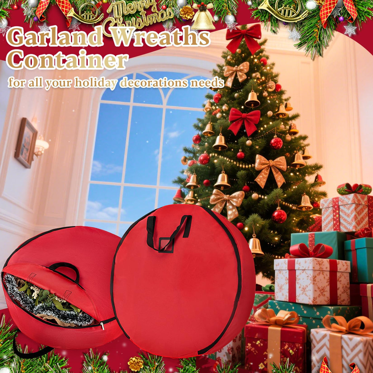 24 Inch RAINFLOW Christmas Wreath Storage Container - Heavy Duty Wreath Storage Bag With Handles Red Thickened Nonwoven Fabric Ideal For Household Organization Halloween Holiday Ornament Storage RAINFLOW