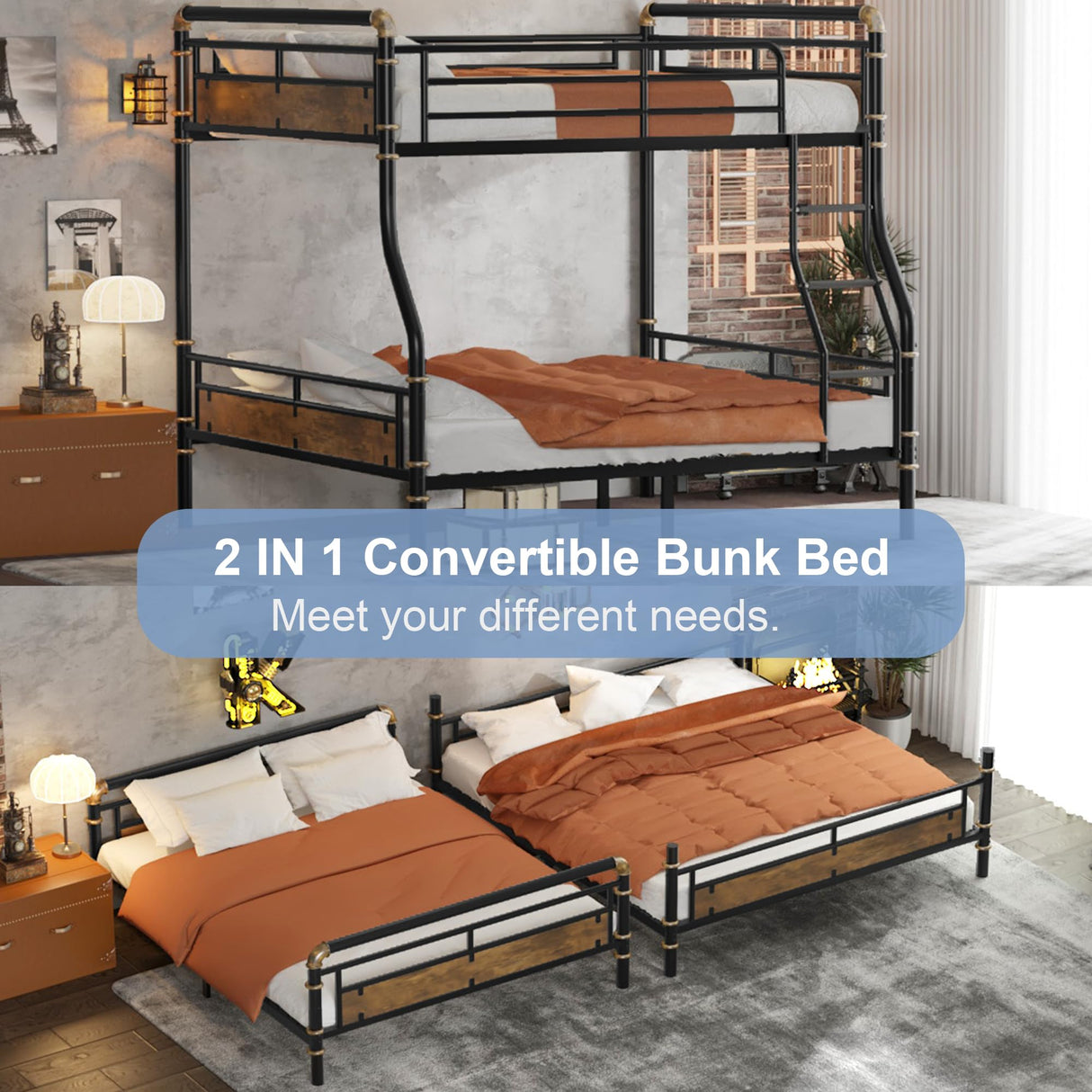 Full XL over Queen Bunk Beds for Teens or Adults ,Industrial Heavy-Duty 2 IN 1 Metal Convertible Bunk Bed with Ladder and Slats Support ,15.9" High Guard Rail,Space-Saving ,Noise Reduced,Black Mirightone