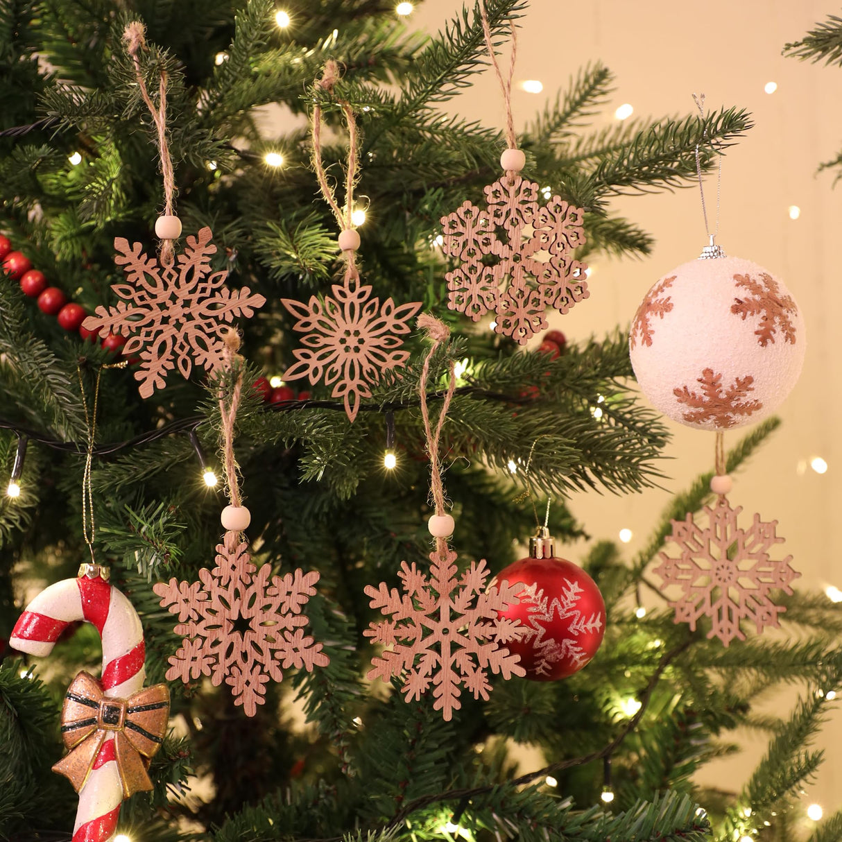 24 Pieces Wooden Christmas Snowflakes Ornaments 3inch Snow Flake Hanging Ornament for Rustic Christmas Tree Decoration Holiady Gift Crafts HUADODO