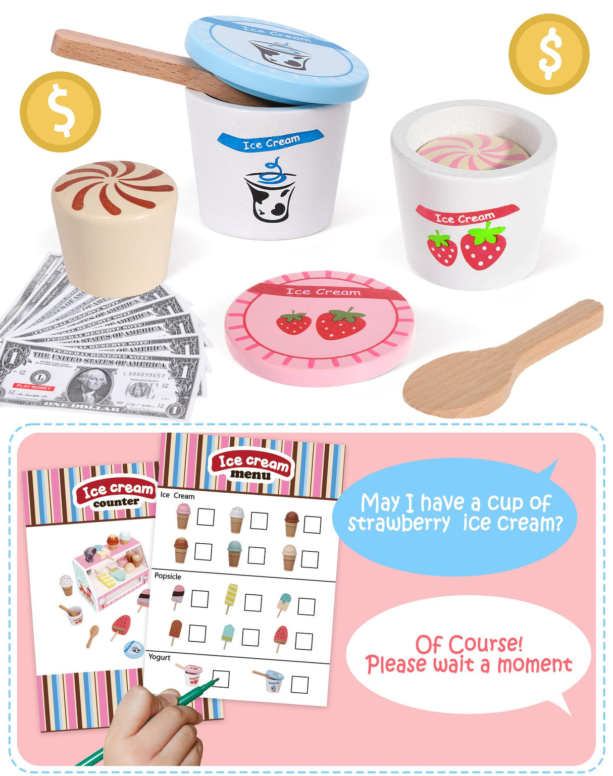 Wooden Ice Cream Toys Kids Kitchen Play Store for Toddlers Girls, Play Kitchen Accessories with Scoop & Menu & Fake Money, Wooden Toys for 3 4 5 Year Old Girls Boys Birthday Toyssa