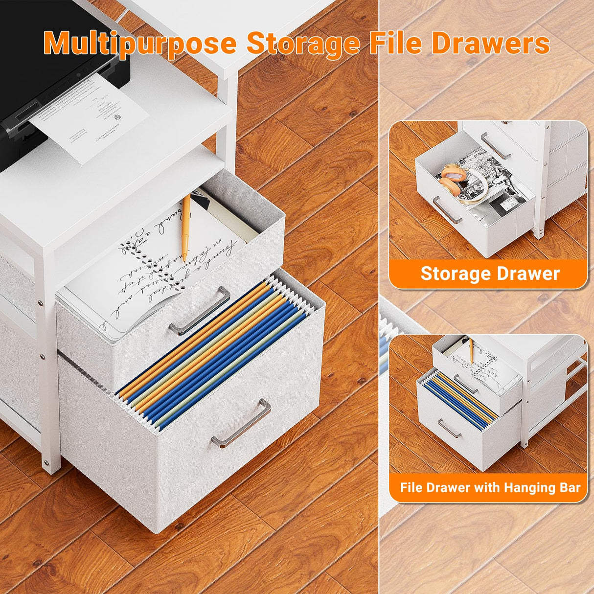 Unikito 70.8" Reversible L Shaped Computer Desk with Fabric File Drawers, Corner Desk with RGB LED Light & Power Outlets & Monitor Stand, Large Gaming Desk for Home Office Workstation, White Unikito