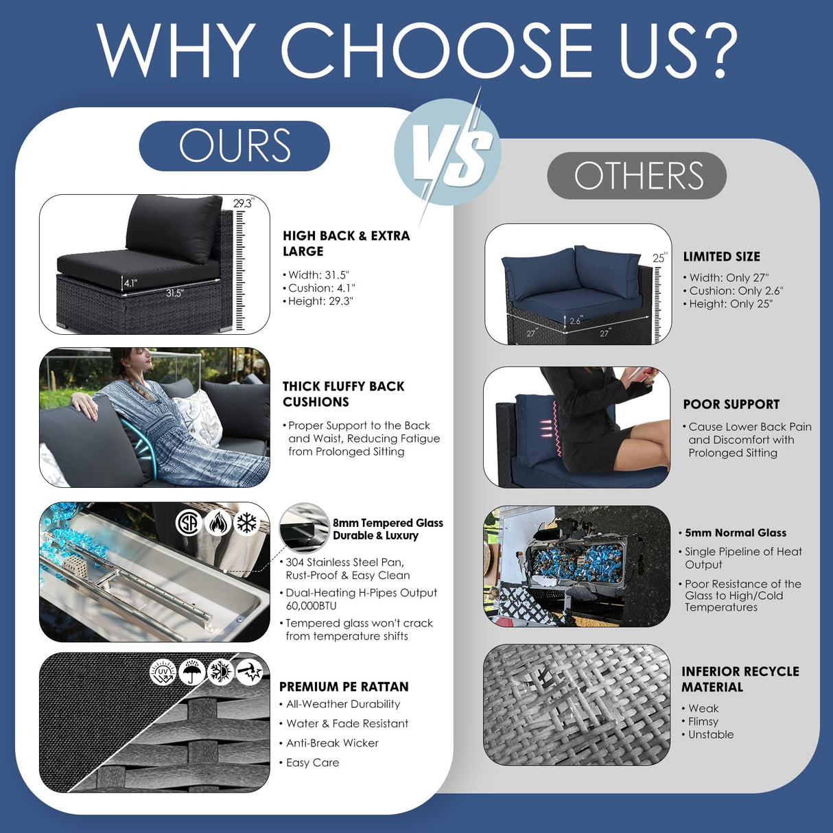 NICESOUL 15 Piece Outdoor Patio Furniture Set with Fire Pit, Extra Large Wide Outdoor Deep Seated Sectional, Cozy 29.3'' High-Back Modular Couch, 500 Lbs High Weight Capacity Wicker Sofa, Dark Gray NICESOUL