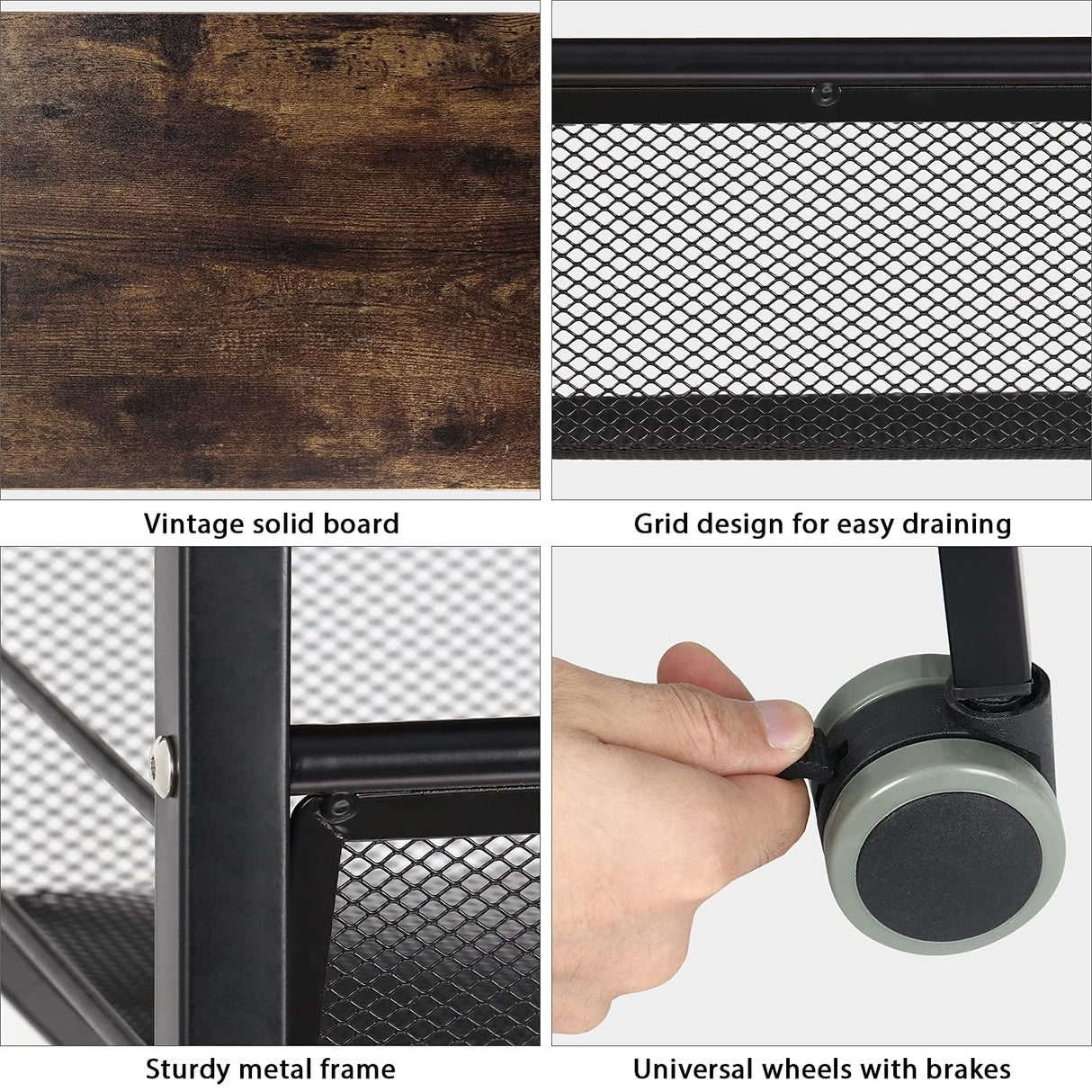 LIANTRAL Rustic Kitchen Storage Cart, 4 Tier Kitchen Cart on Wheels, Metal Mesh Storage Pantry Cart with Lockable Wheels, Wood Look Top and Metal Frame. LIANTRAL