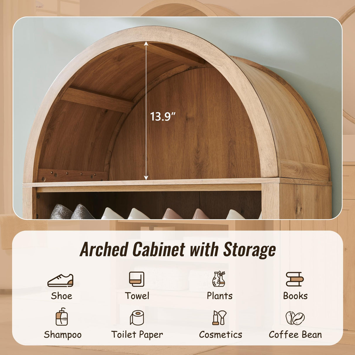 IFBUY 71" Tall Arched Bathroom Storage Cabinet, 7-Tier Modern Farmhouse Storage Cabinet with Adjustable Shelves, Wood Freestanding Cabinet for Bathroom, Living Room, Entryway, Hallway (Natural) IFBUY