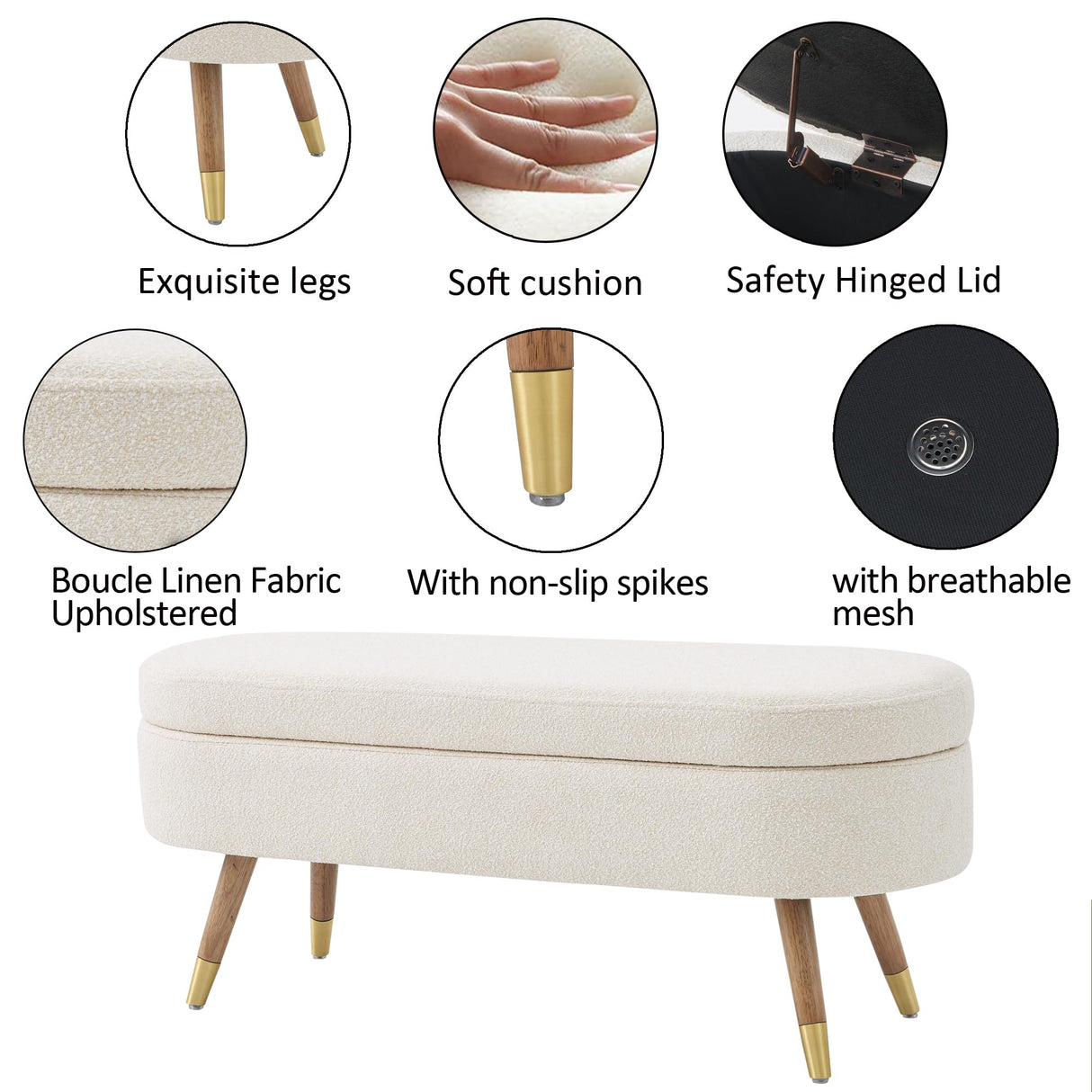 IAFIKE Oval Storage Bench 43.5" Ottoman Bench Upholstered Boucle Fabric Footrest Bench with Golden Metal Legs End of Bed for Bedroom, Living Room, Entryway,Bed Side (Beige) IAFIKE
