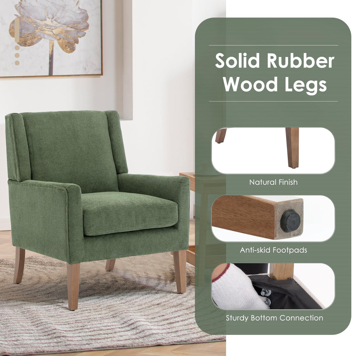 COLAMY Modern Wingback Living Room Chair, Upholstered Fabric Accent Armchair, Single Sofa Chair with Lounge Seat and Wood Legs for Bedroom/Office/Reading Spaces, Green COLAMY