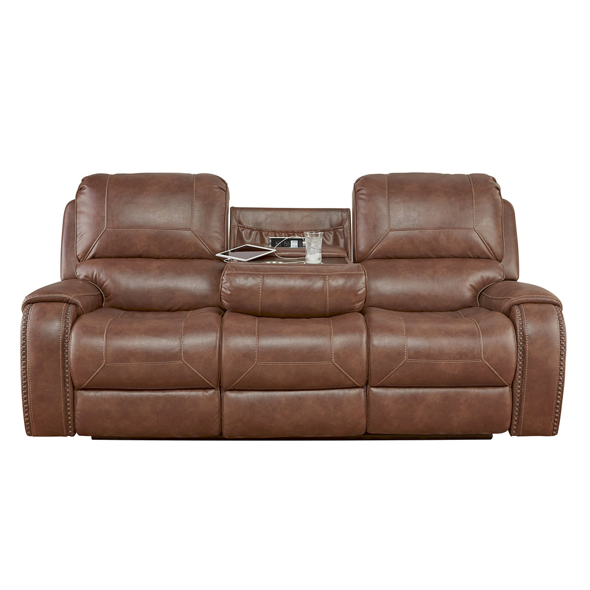 Roundhill Furniture Achern Leather Air Nail head Manual Reclining Sofa with Storage Console, Brown Roundhill Furniture