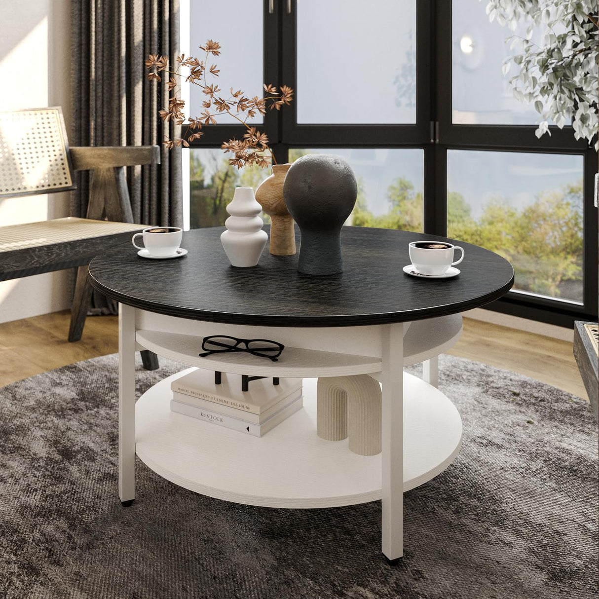 FABATO Round Lift Top Coffee Table with Storage and Hidden Compartment, 26.77'' Farmhouse Coffee Table for Living Room Reception Room, 2 Tier Small Round Coffee Table Circle Dining Table, White FABATO