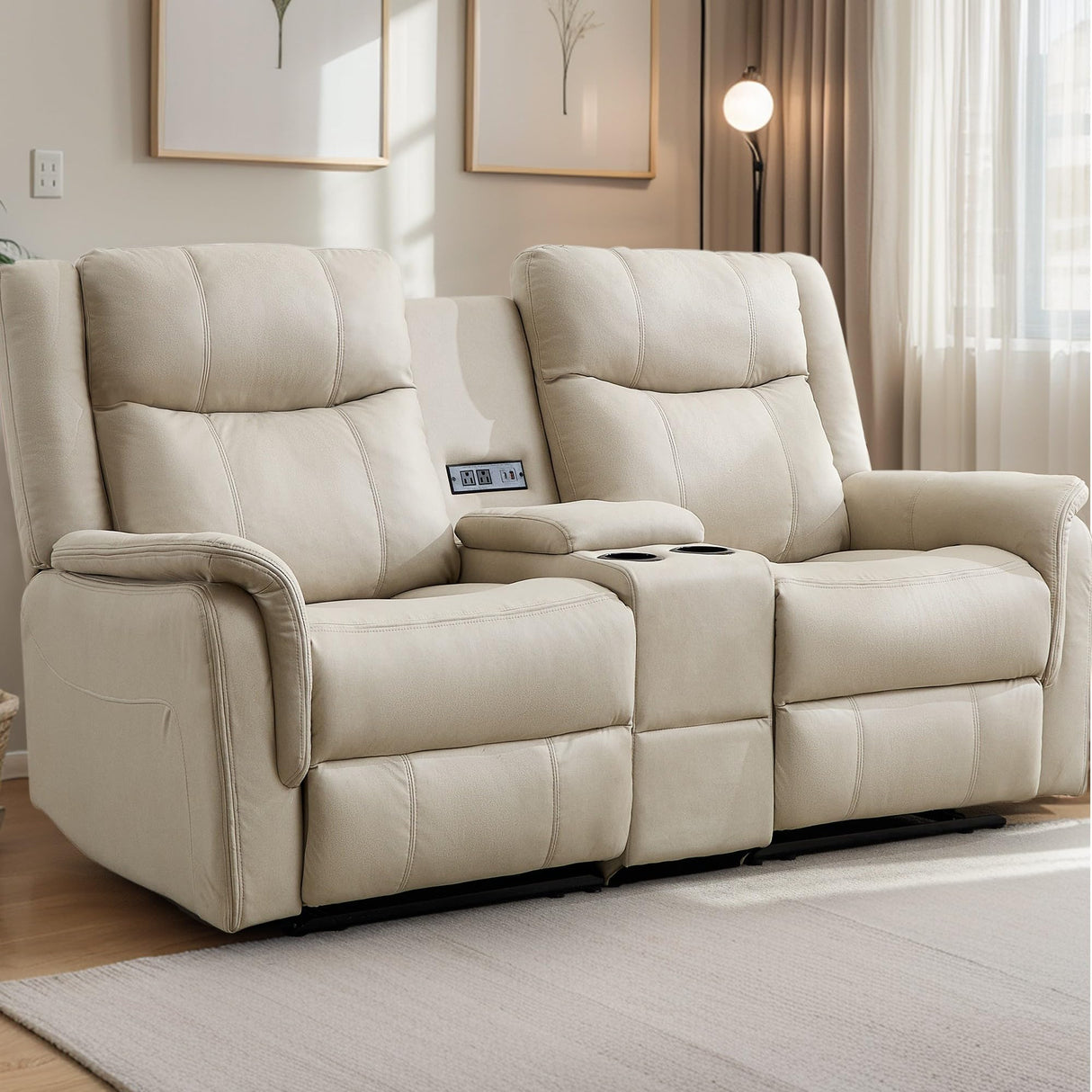 Korser Loveseat Recliner Sofa, Reclining Loveseat Couch with Manual Pull Tab, Reclining Couch with Console, USB Port, US Outlets, and Cup Holders, 2-Seater Performance Fabric Sofa for Living Room, RVs Korser