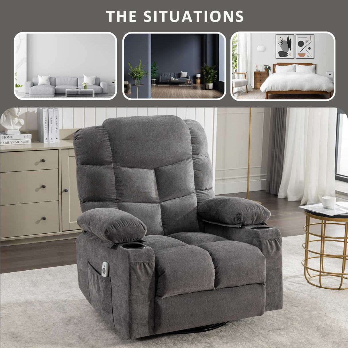Oversized Massage Swivel Recliner Chair with Lumbar Heating for Living Room Rocker Recliner Single Sofa with Cup Holders and USB Charge Port, Large Big Chair Recliners for Adult MAHOMICO
