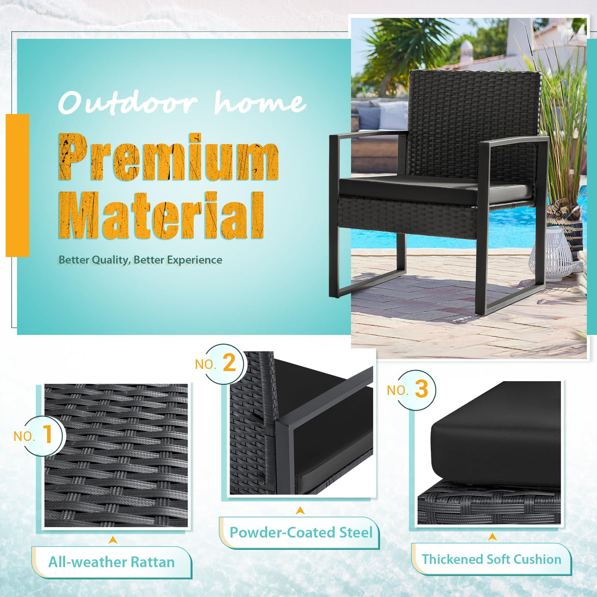 Flamaker 3 Pieces Patio Set Outdoor Wicker Furniture Sets Modern Rattan Chair Conversation Sets with Coffee Table for Yard and Bistro (Black) Flamaker