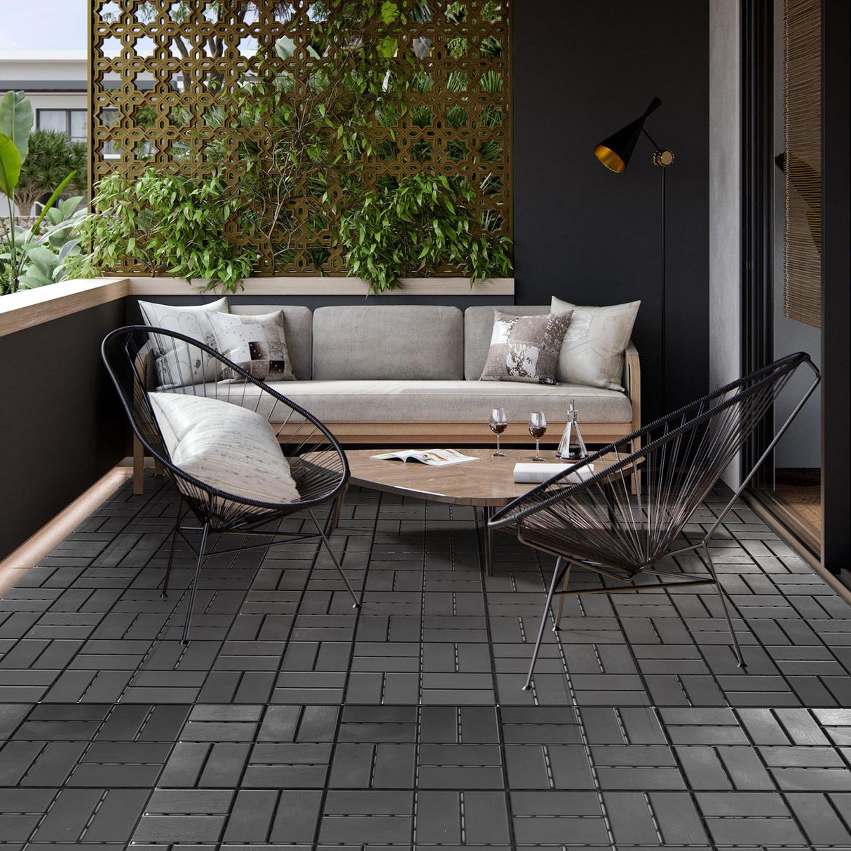 Dyna-Living 60 sq. ft Plastic Interlocking Deck Tiles, 12"x12" Indoor Outdoor Waterproof Patio Flooring All Weather Use Patio Deck Tiles for Balcony, Backyard, Garden & Poolside, 60 Pack,Dark Grey Dyna-Living