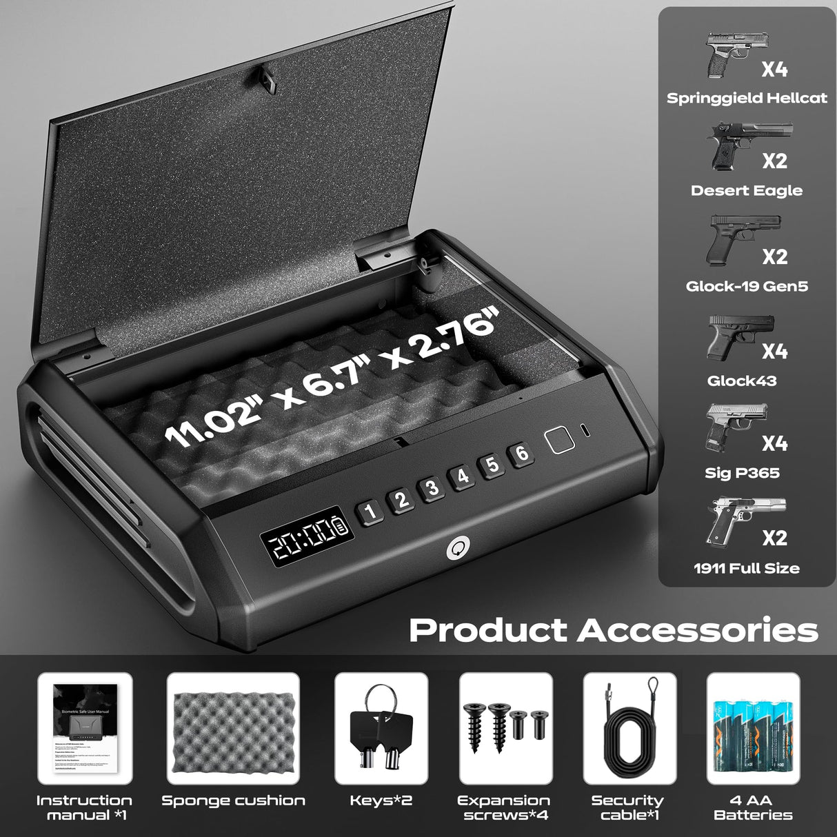 Large Gun Safe for 2-4 Pistols, Fingerprint Digital PIN Key Unlock with LCD Display & USB Port, 650 DPI Quick Access Biometric Handgun Safe, Hand Gun Lock Box for Home Drawer Car Bedside Nightstand TOPMEDA