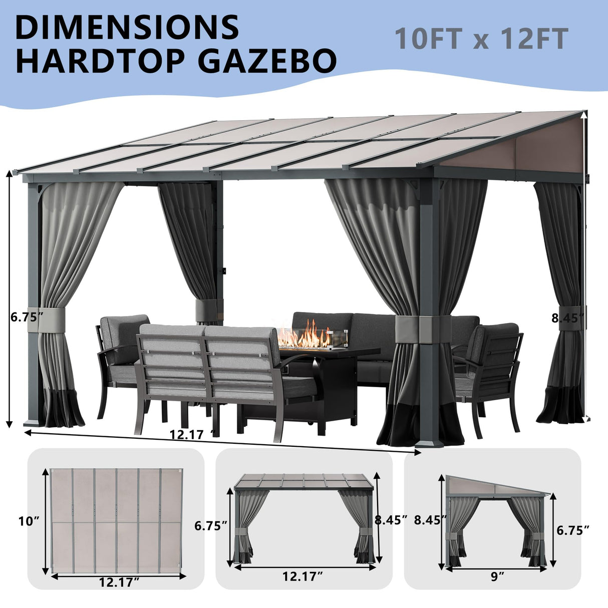 ASJMR 10x12FT Gazebo, Hardtop Wall Mounted Gazebo with Sloping Sun Panel Roof, Awnings for Patio with Metal Frame, Double Curtains for Garden, Lawn, Backyard Deck, Sand ASJMR