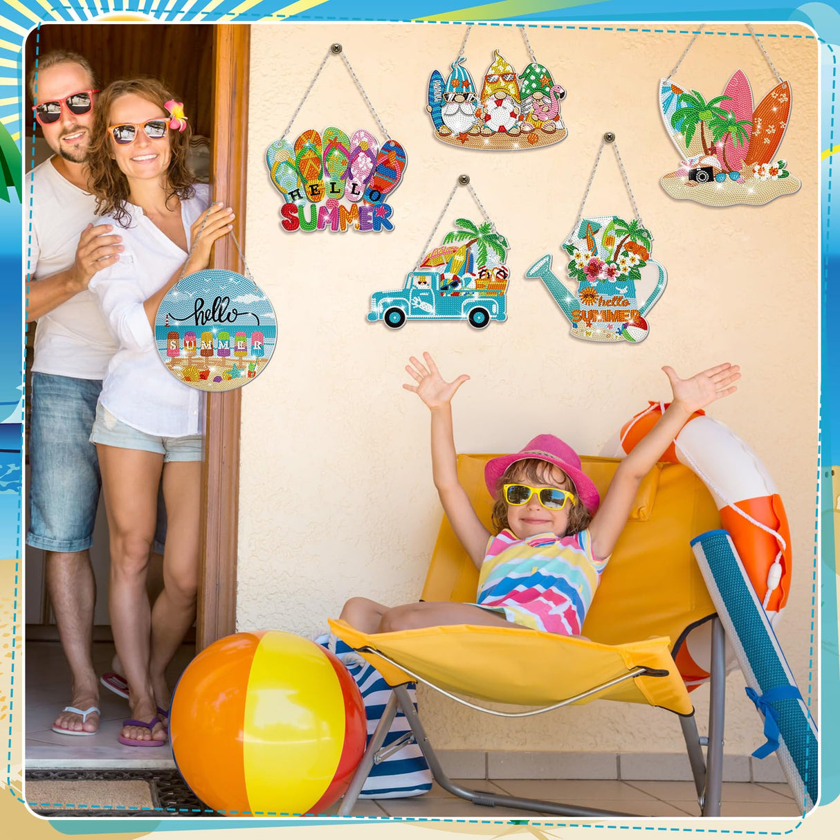 Chitidr 6 Pcs Summer Diamond Painting Hanging Sign Set Beach Gnome Diamond Art Paint Arts Set 5D DIY Ornaments Kits for Summer Wall Door Window Decor Chitidr