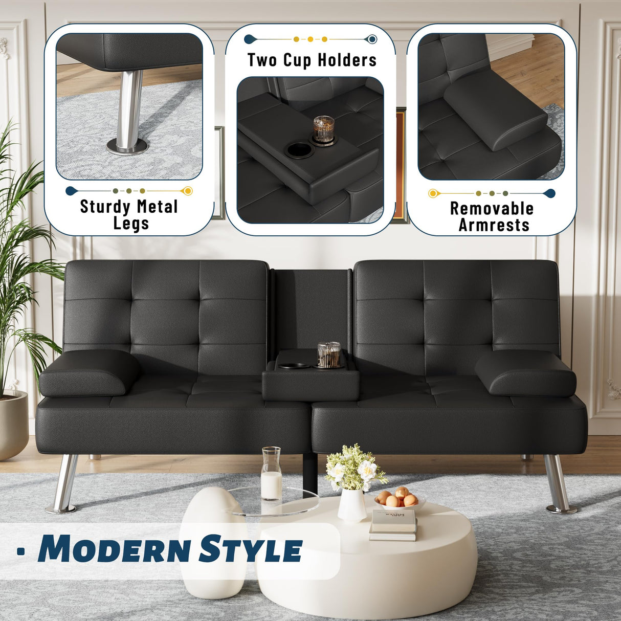 Furmax Futon Sofa Bed Adjustable Futon Couch Modern Sleeper Sofa Bed for Living Room, Business Office, Recliner Sofa with Cup Holders (PU Leather, Black) Furmax