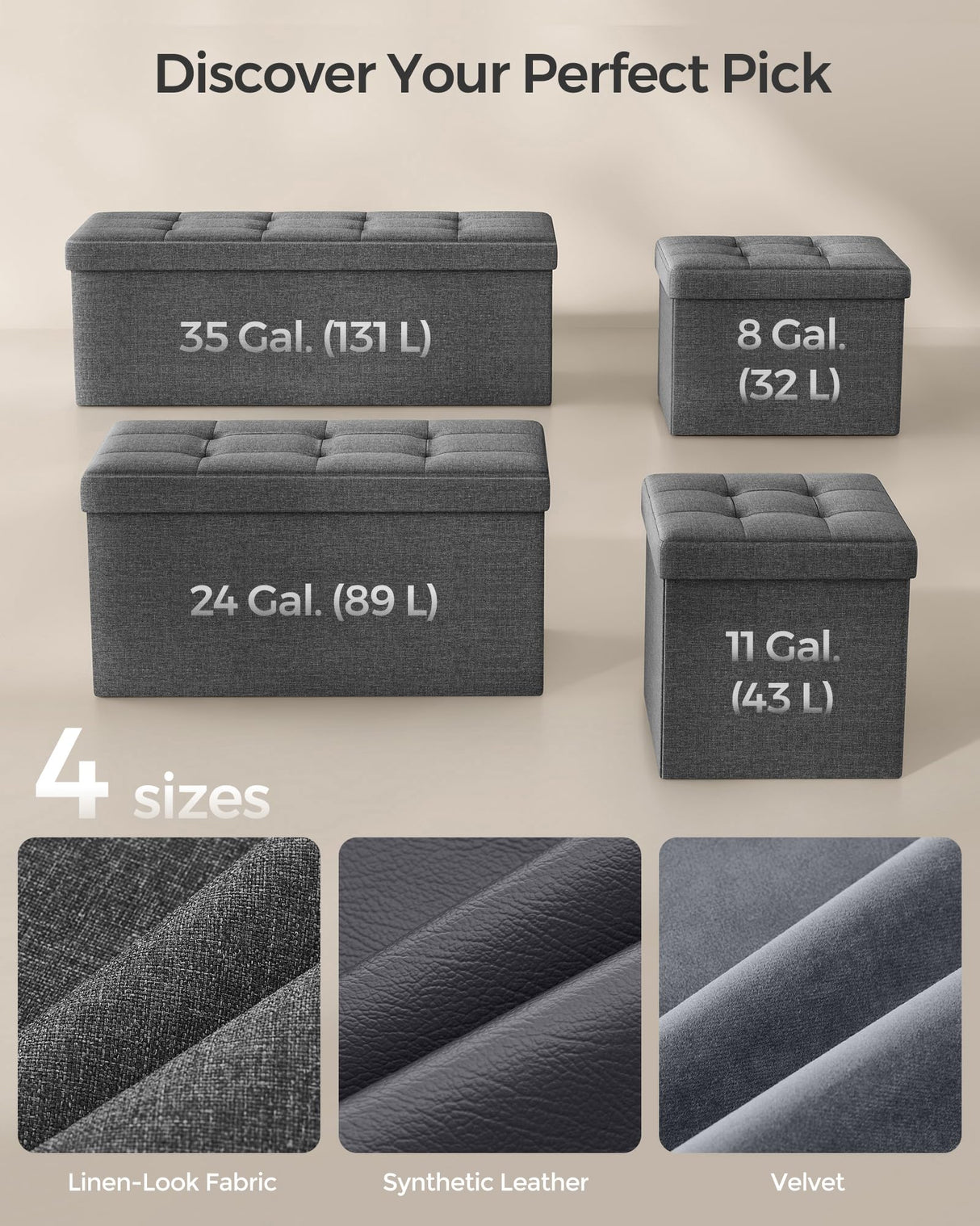 SONGMICS Mazie Collection - Small Folding Storage Ottoman, Foot Rest Stool, 12.2 x 16.1 x 12.2 Inches, 286 lb Load Capacity, for Living Room, Bedroom, Home Office, Dorm, Dark Gray ULSF102G01 SONGMICS