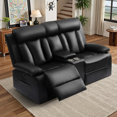 Power Reclining Loveseat with Console and Cup Holders,Leather Electric Recliner Sofa with USB & Type-C Ports, Storage Armrest and Lumbar Pillow,Wall Hugger Couch for Living Room RV (Black, 2 Seats)