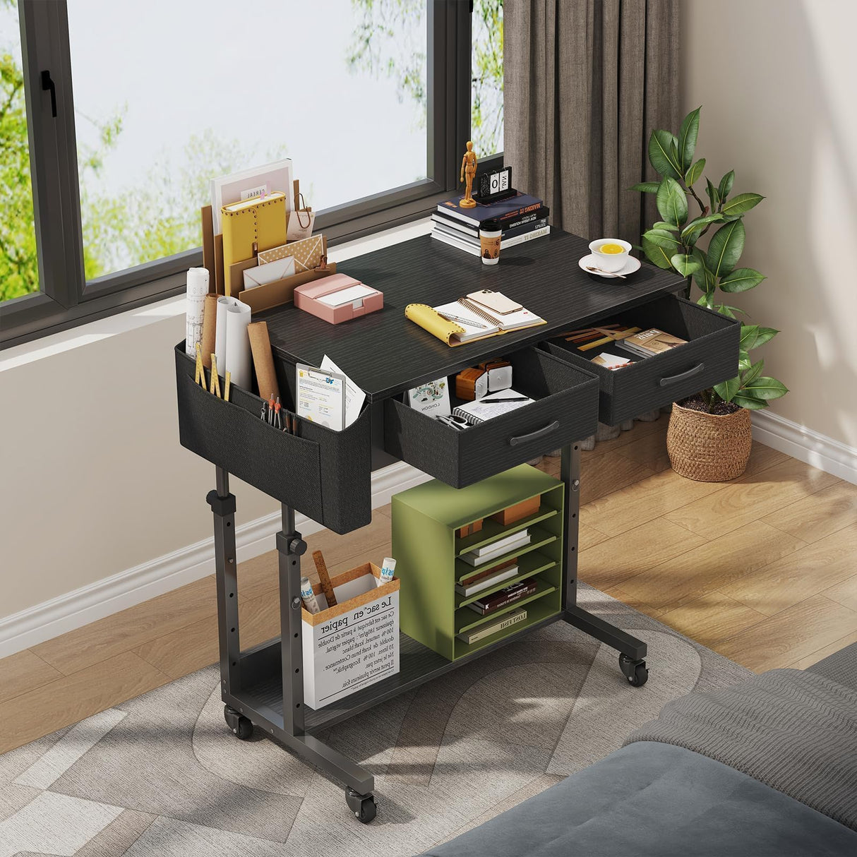 Small Portable Rolling Standing Desk - 32 Inch Adjustable Mobile Stand Up Teacher Desks with 2 Fabric Drawers on Wheels for Classroom, Couch Sofa Side Laptop Table with Storage for Home Office, Black WINAZ