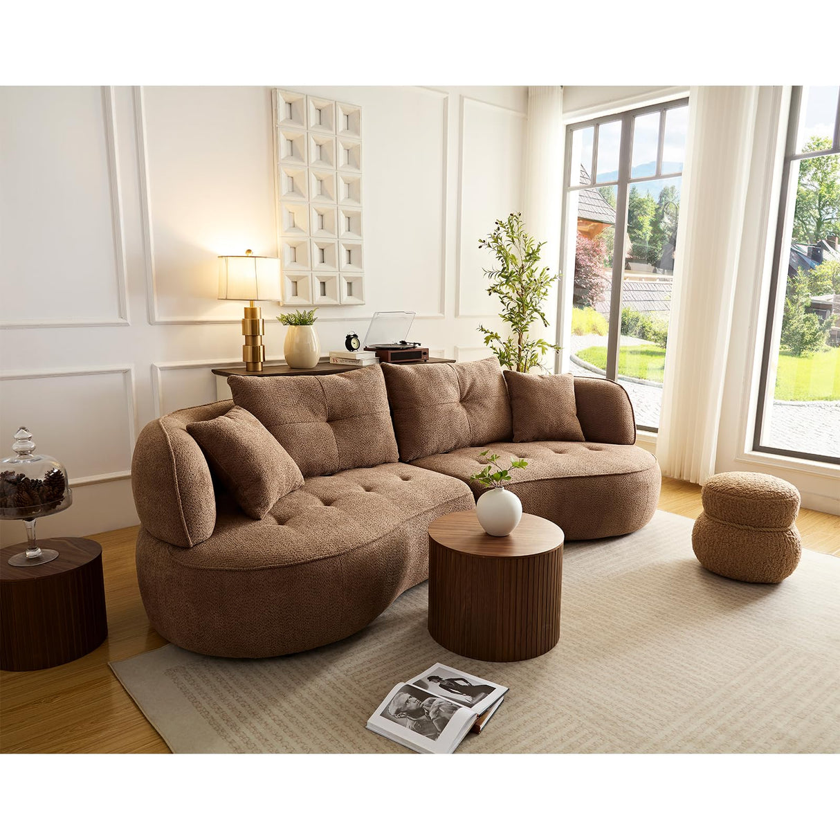 HAMORESPACE 109‘’ Luxurious Curved Sectional Sofa, Multiple Seating Positions,Modern and Stylish, Fabric Upholstery Couch for with Pillows for Living Room Office,Apartment (109, Camel) HAMORESPACE