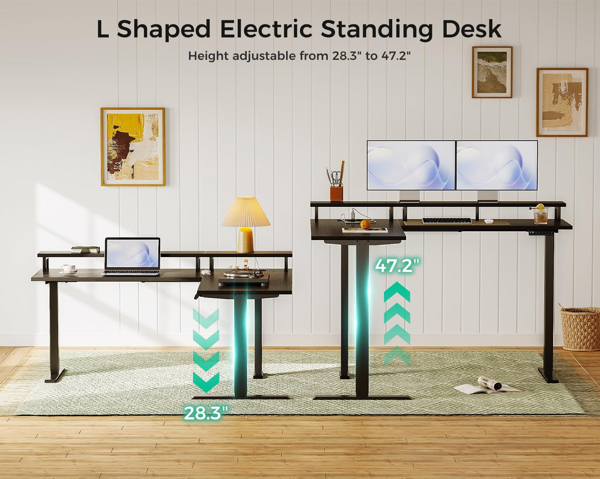 AODK Electric L Shaped Standing Desk with Monitor Stand, 59 Inch Height Adjustable Corner Desk with Power Outlets, Large Sit Stand Table, Reversible Computer Desk for Home, Office, Black AODK