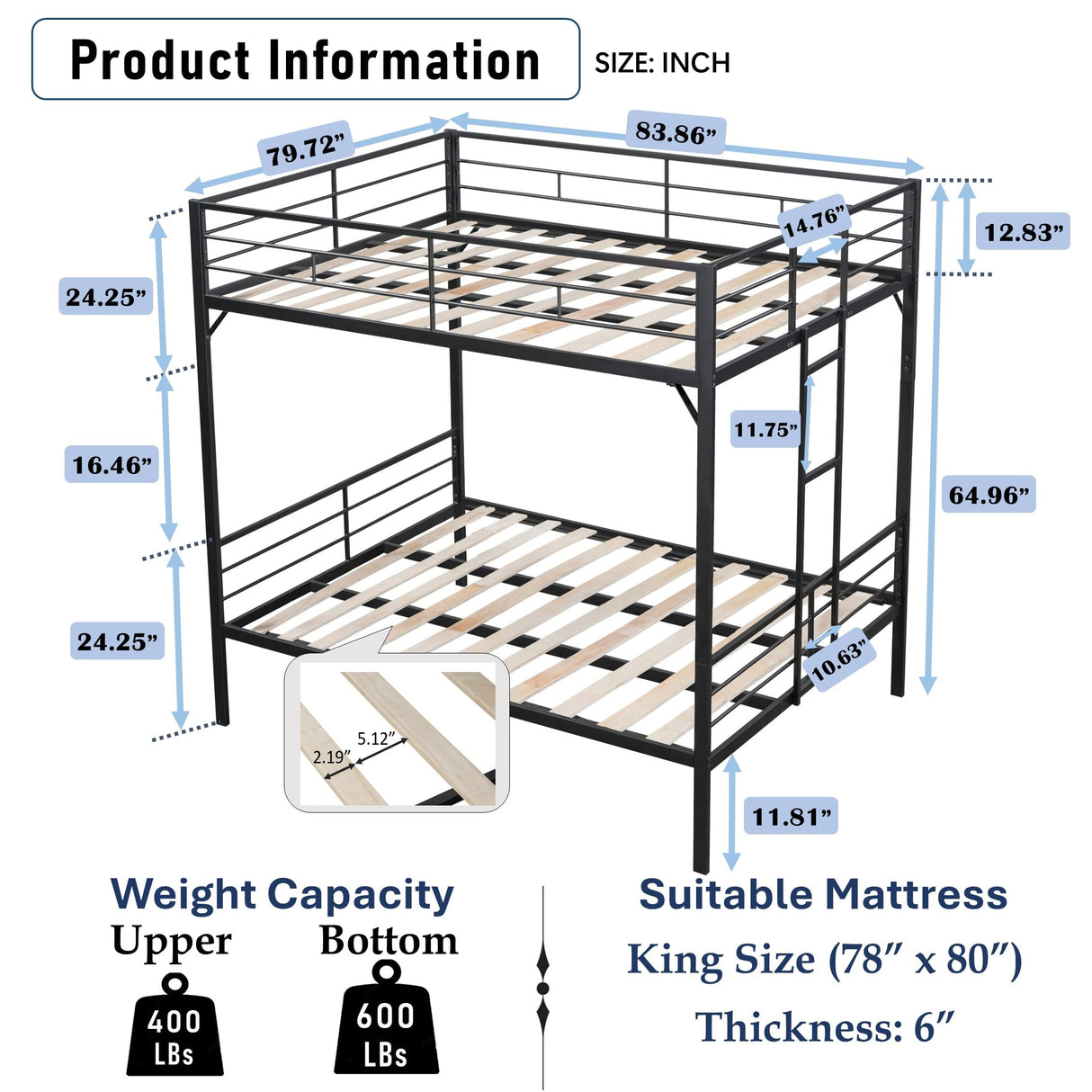 PVWIIK King Over King Bunk Bed with Side Ladder for Kids,Adult,Teenagers,Heavy Duty Metal Bunk Bed w/Full Length Guardrail for Dorm,Bedroom,Guest Room,No Box Spring Needed,Black PVWIIK