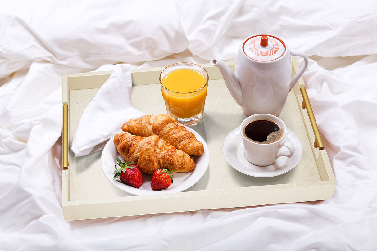 ATZYmolin 17" x 12" Wood Serving Tray with Gold Polished Metal Handles, Home Decorative Wooden Rectangle Ottoman Leather Decor Platter Bathroom Vanity Tray for All Occasions White ATZYmolin