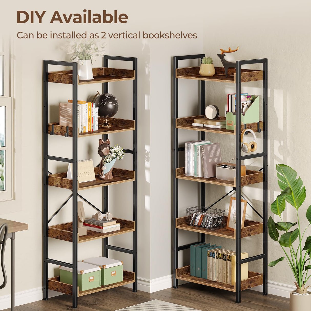 Rolanstar Bookshelf 5 Tiers with 4 Hooks, Triple Bookcase with Open Display Shelves, Industrial Wide Bookshelf with Metal Frame for Living Room, Office, Rustic Brown Rolanstar