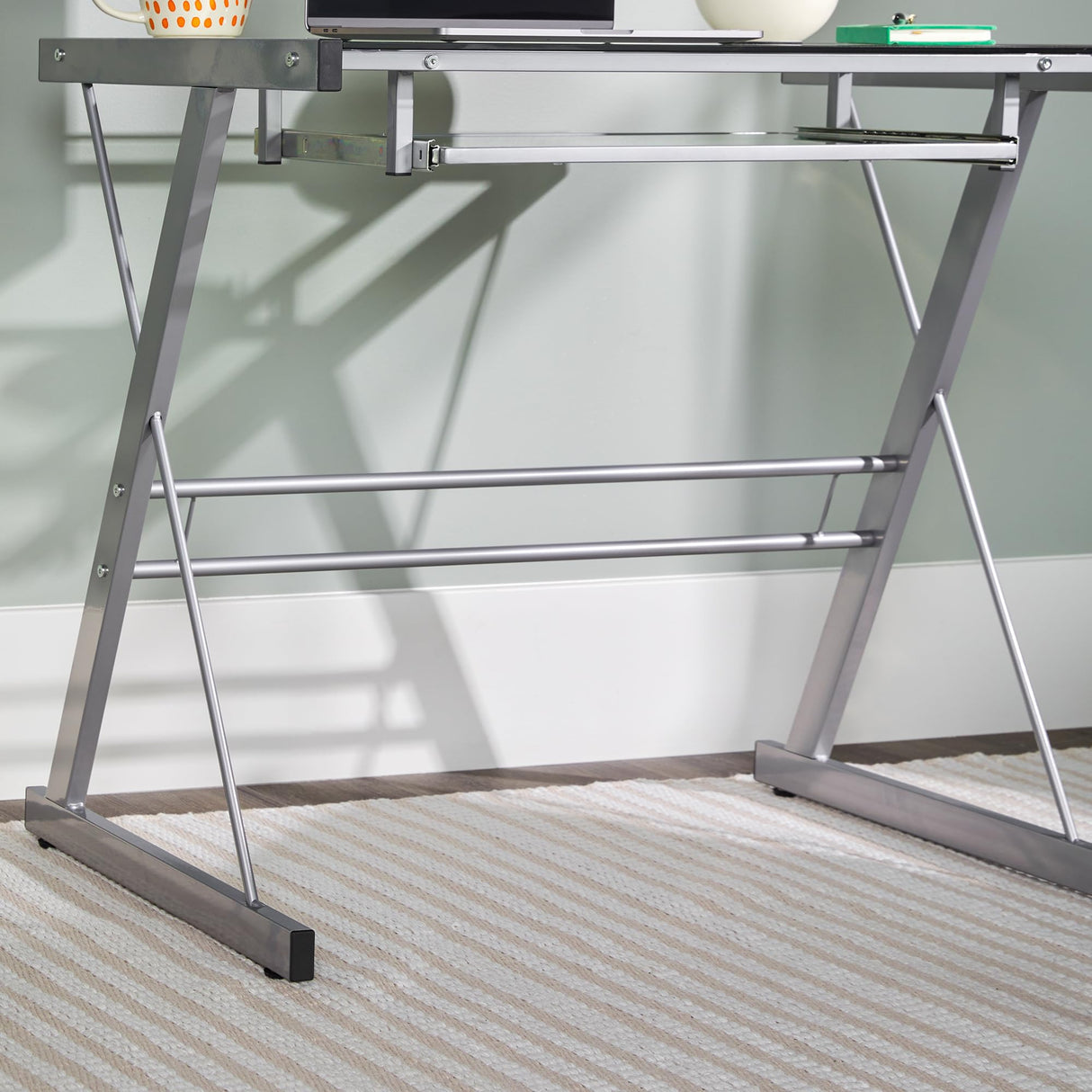 Walker Edison Metal and Glass Work From Home Laptop Computer Gaming Desk with Slide In Keyboard Tray Home Office, 31 Inch, Silver Walker Edison