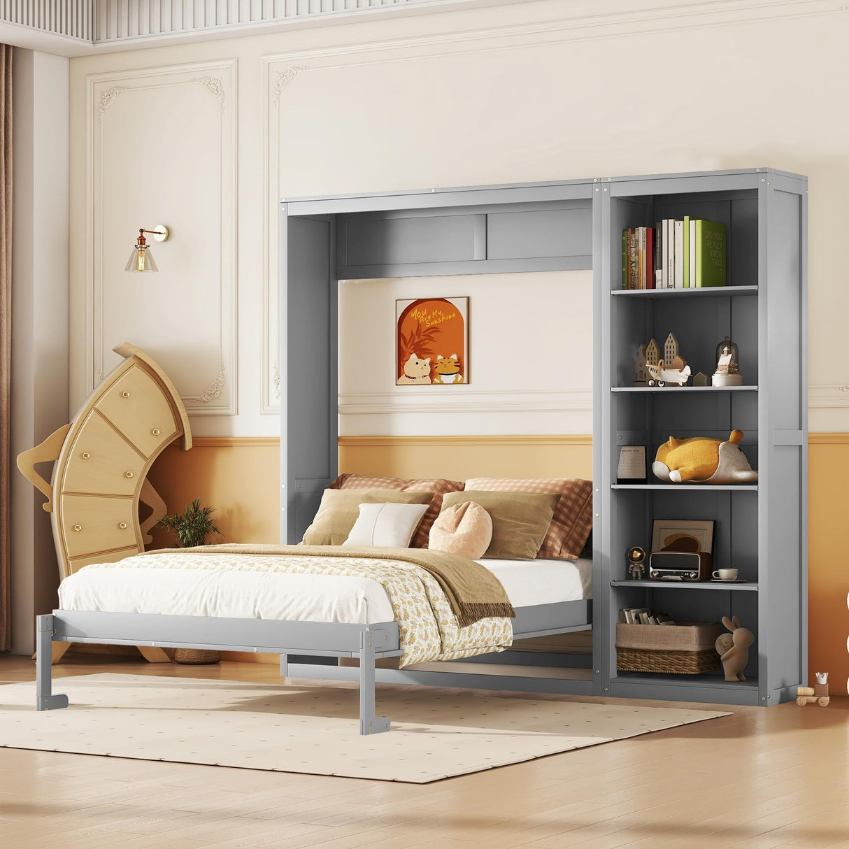 Harper & Bright Designs Queen Size Murphy Bed, Wooden Wall Bed with Shelves, Gray Harper & Bright Designs